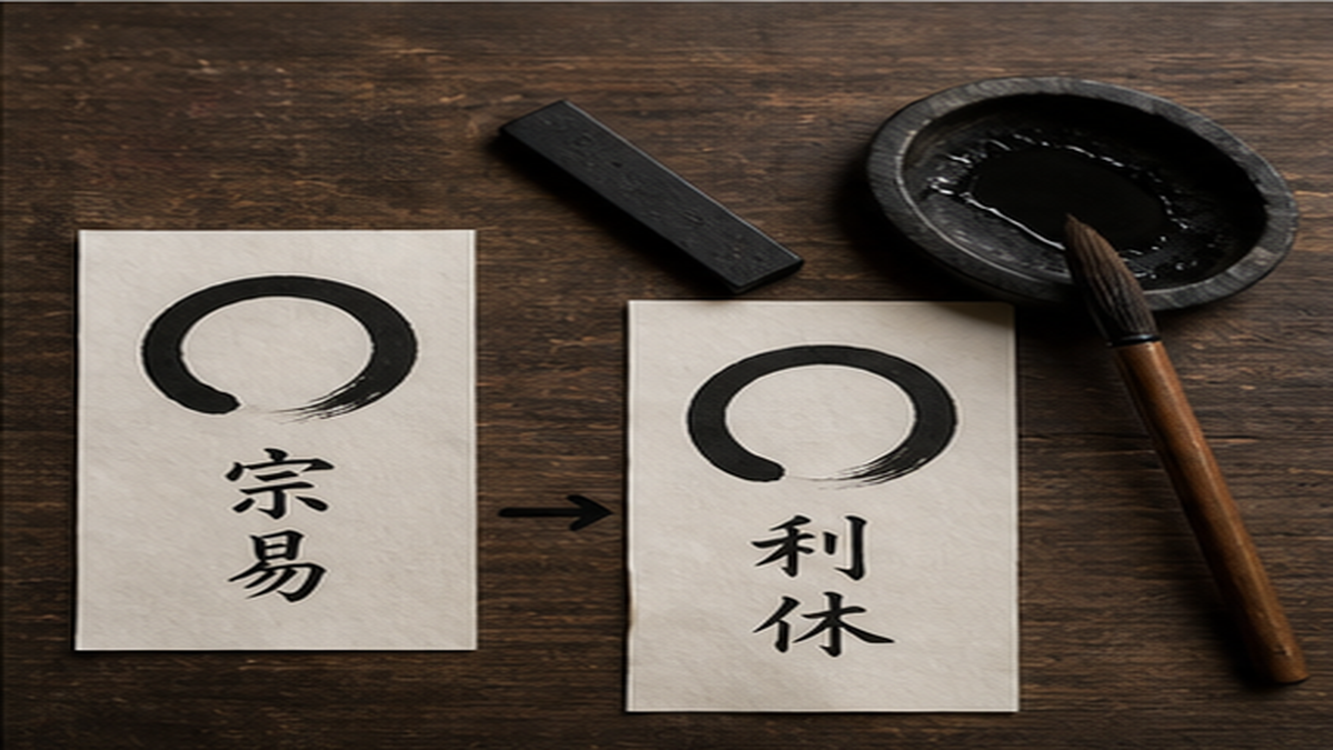 千宗易から千利休への名前の変化を示す茶道具のイメージ画像