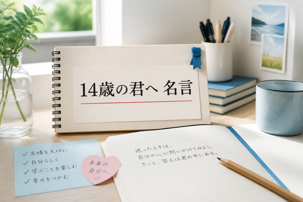 14歳の君へ 名言の要点を示す学習机のイメージ画像