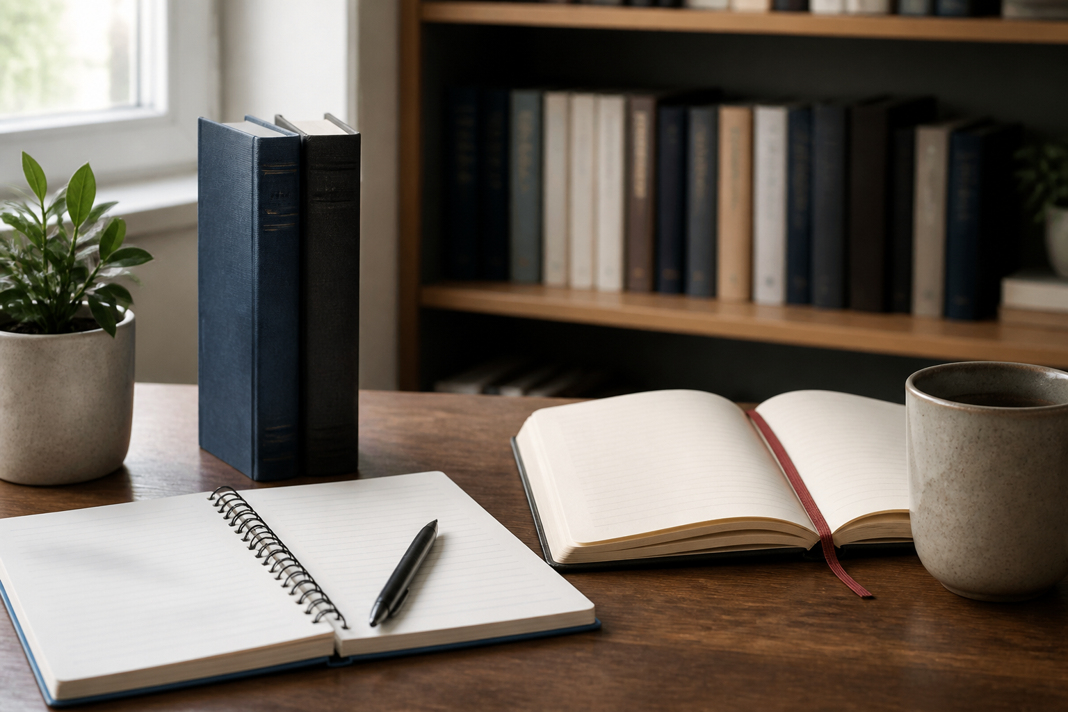 中学生と大人の読書を連想させる本棚とノートのイメージ画像