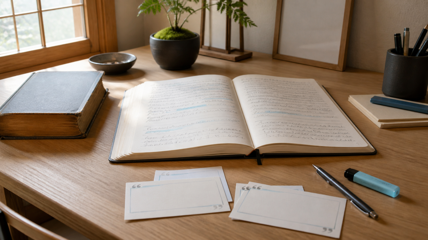 アラン幸福論の名言をノートで整理する机のイメージ
