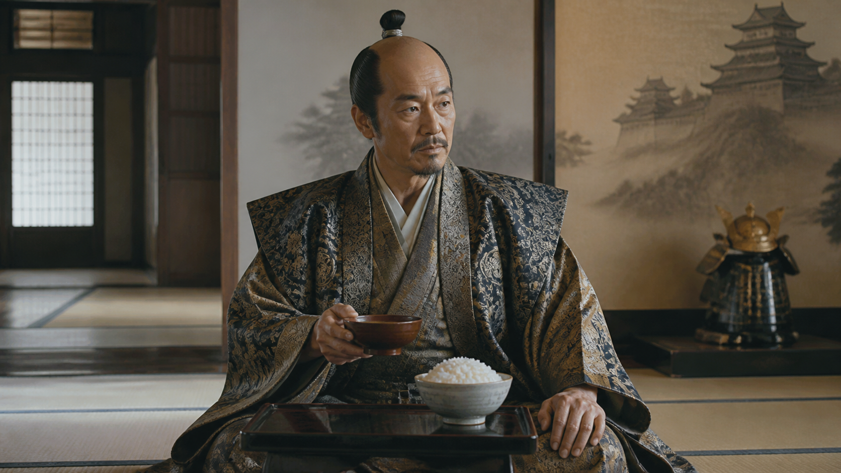 北条氏政が汁かけ飯を前に思案するイメージ画像