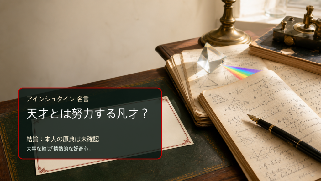 アインシュタインの名言「天才とは努力する凡才」の出典未確認と好奇心を示すイメージ画像