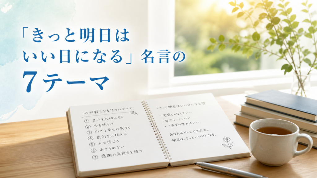 きっと明日はいい日になるの名言7テーマを表した机とノートのイメージ画像