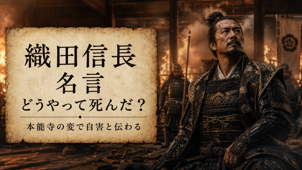 織田信長の名言と本能寺の変でどうやって死んだかを示すイメージ画像