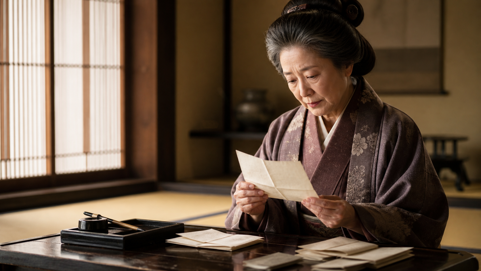 まつ（芳春院）が書状を読むイメージ画像