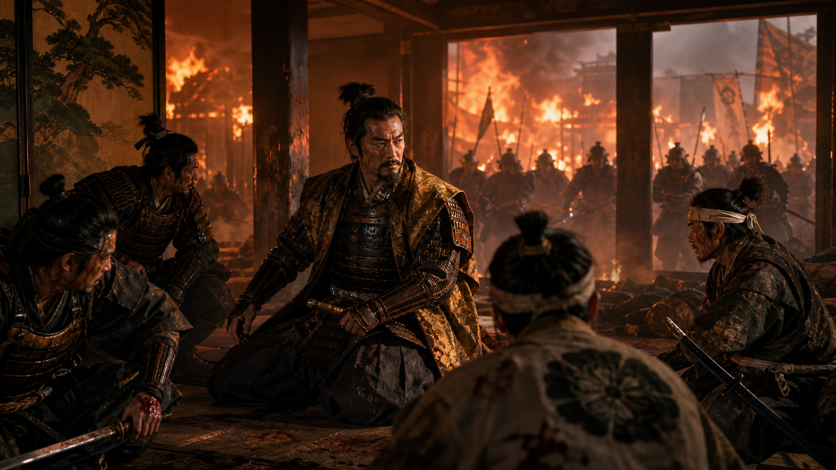 織田信長が本能寺の変で包囲され最期を迎える場面のイメージ画像