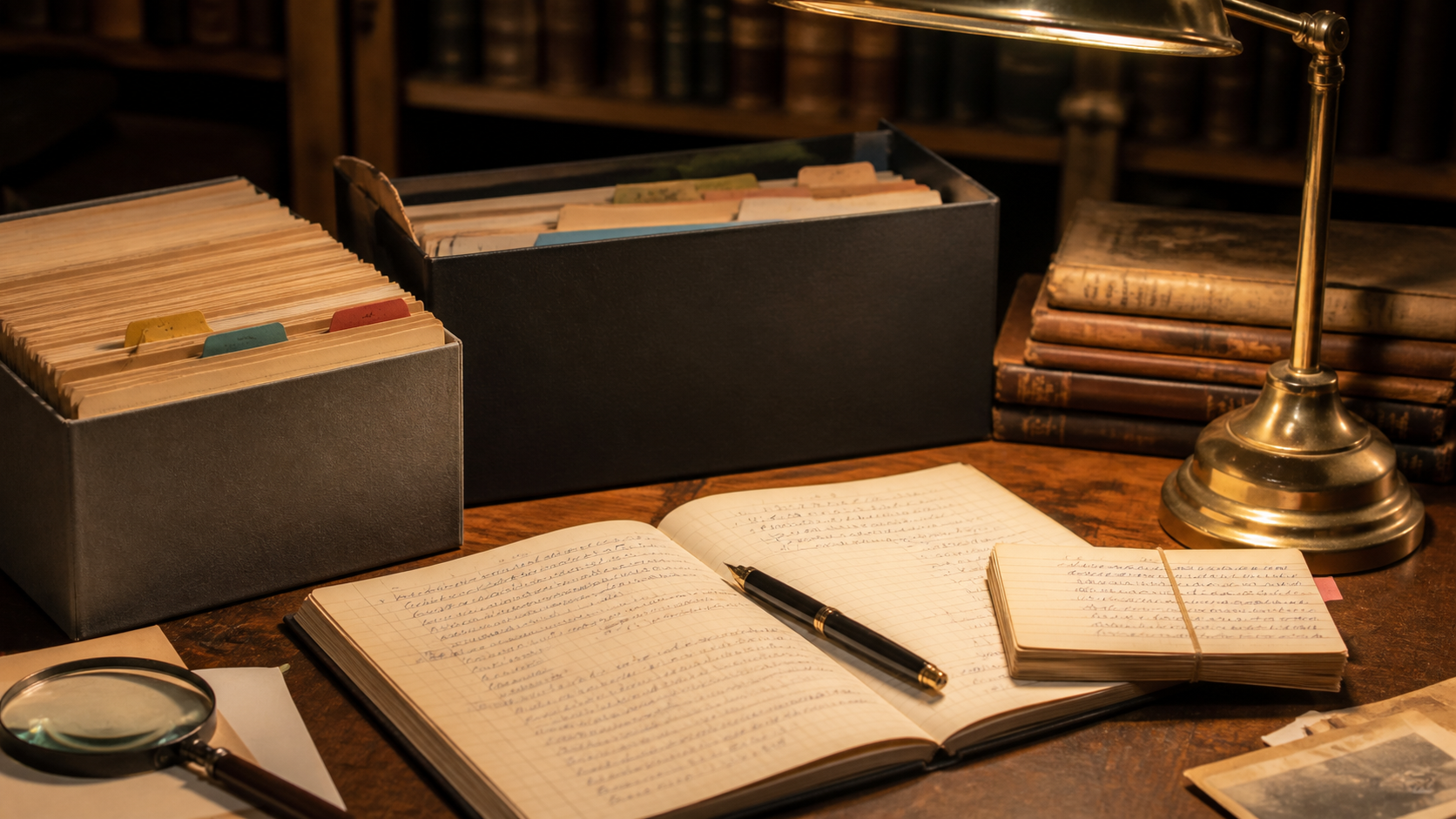 図書館の机で引用カードと書簡資料を整理するイメージ画像