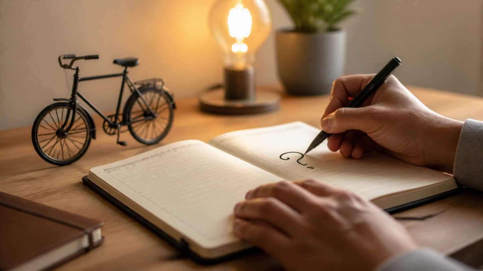 ノートに疑問を書き、小さな自転車模型で行動を表すイメージ画像