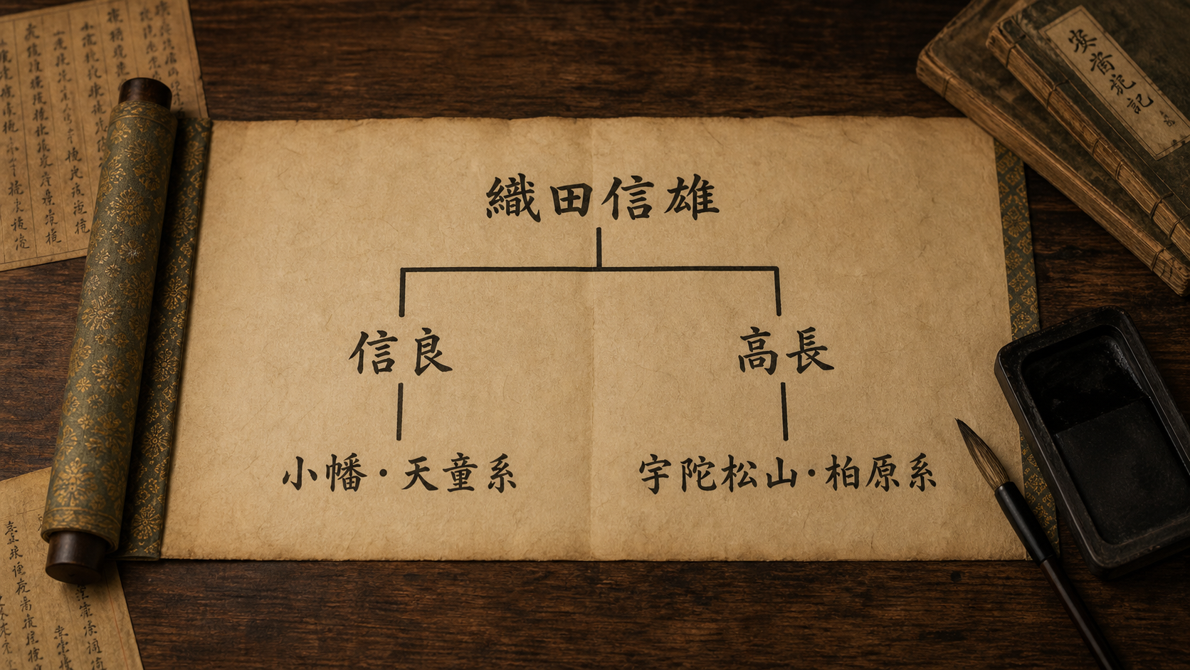 織田信雄から信良と高長へ分かれる家系図イメージ画像