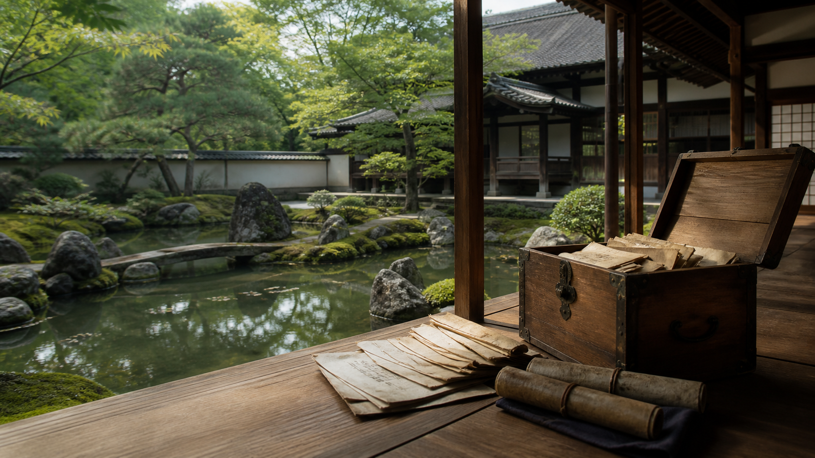 寺院の庭と保存された書状のイメージ画像