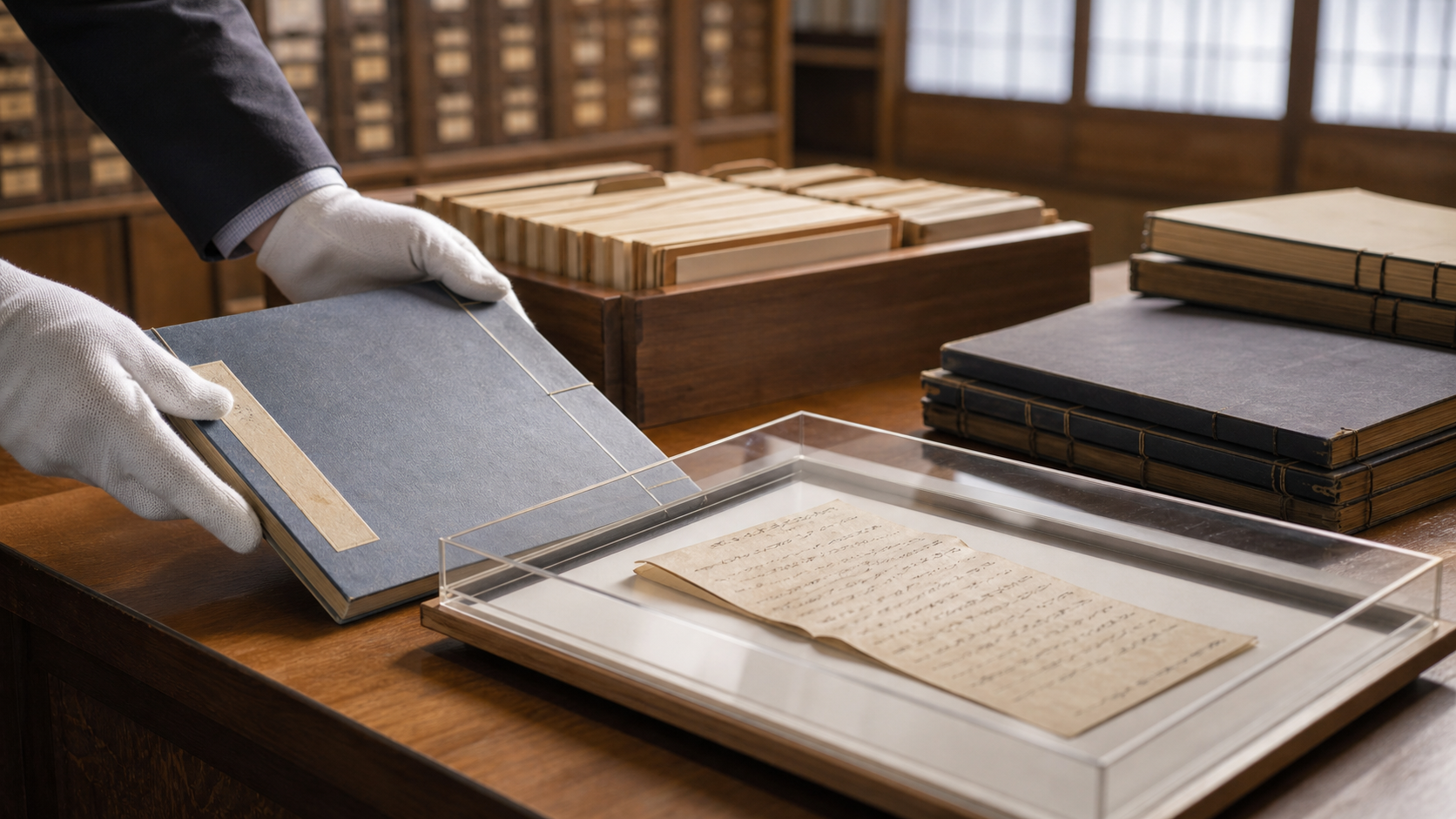 資料室で古文書と書籍を確認するイメージ画像