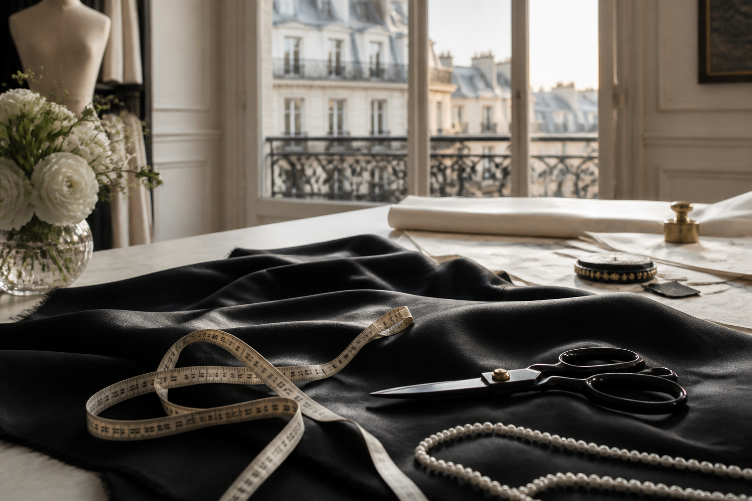 黒い布と裁縫道具でファッション名言を表すイメージ画像