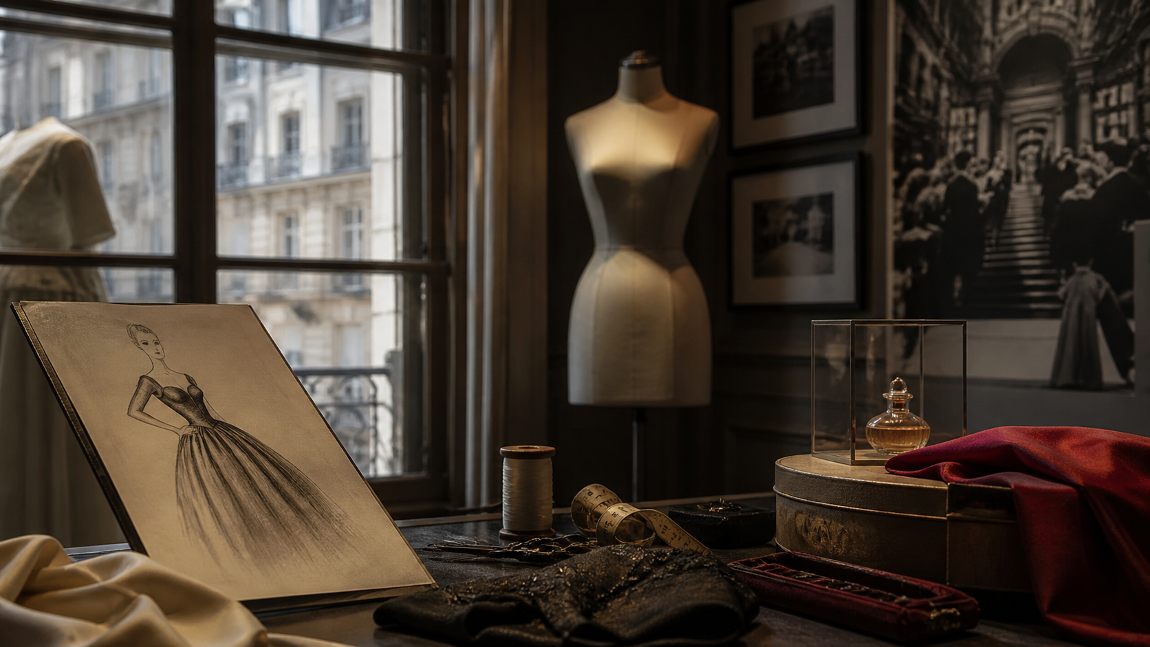 クリスチャン・ディオールの人物背景を連想させる服飾展示のイメージ画像