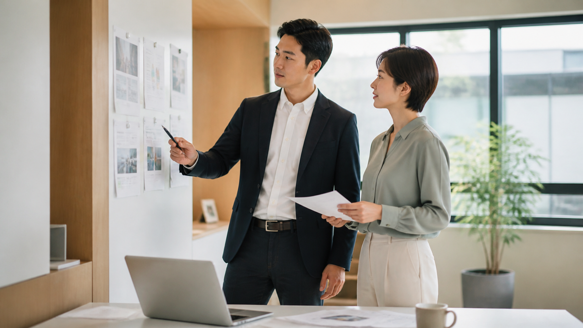 職場で同僚と協力して課題を整理するイメージ画像