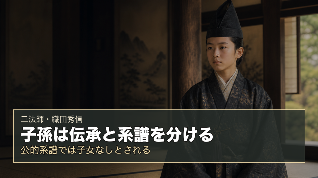 三法師の子孫伝承と公的系譜を分けて示すイメージ画像