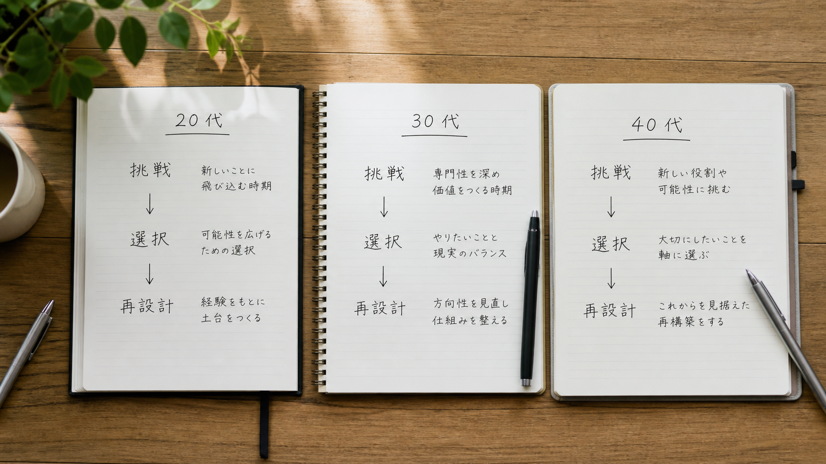 同じ名言を20代 30代 40代で読み分けるイメージ画像