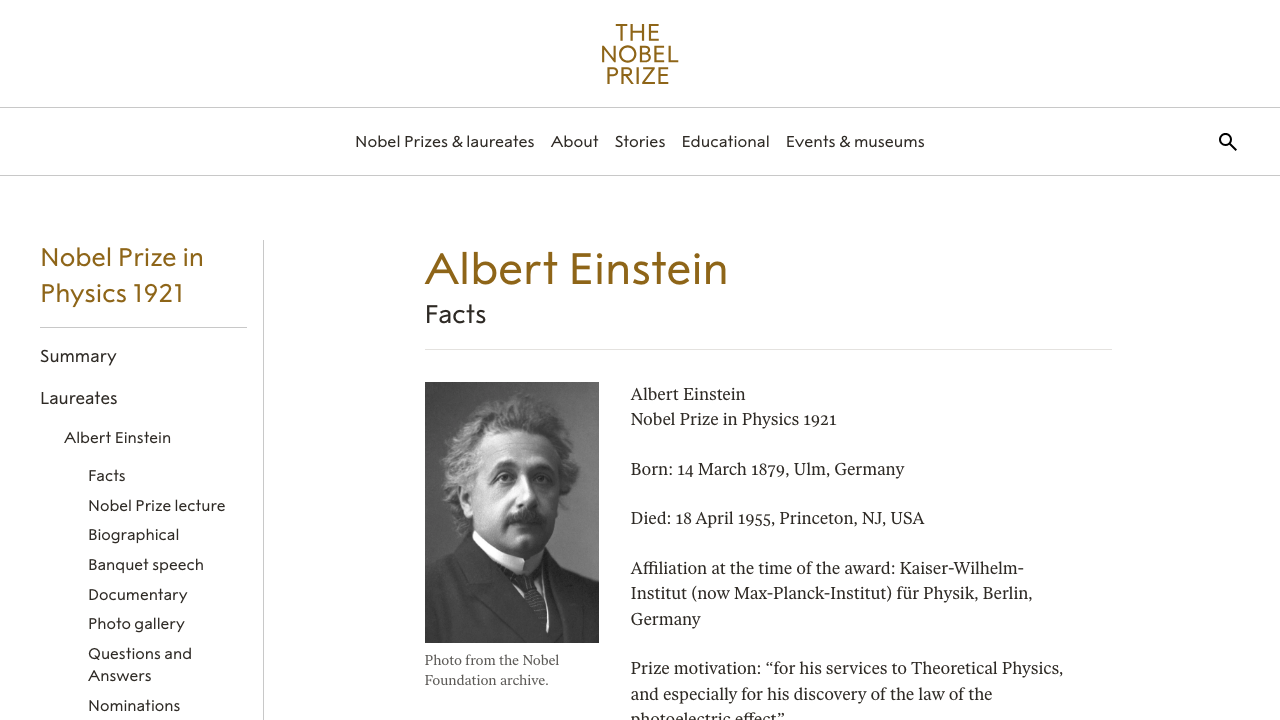 NobelPrize.org公式サイトのアインシュタイン基本情報
