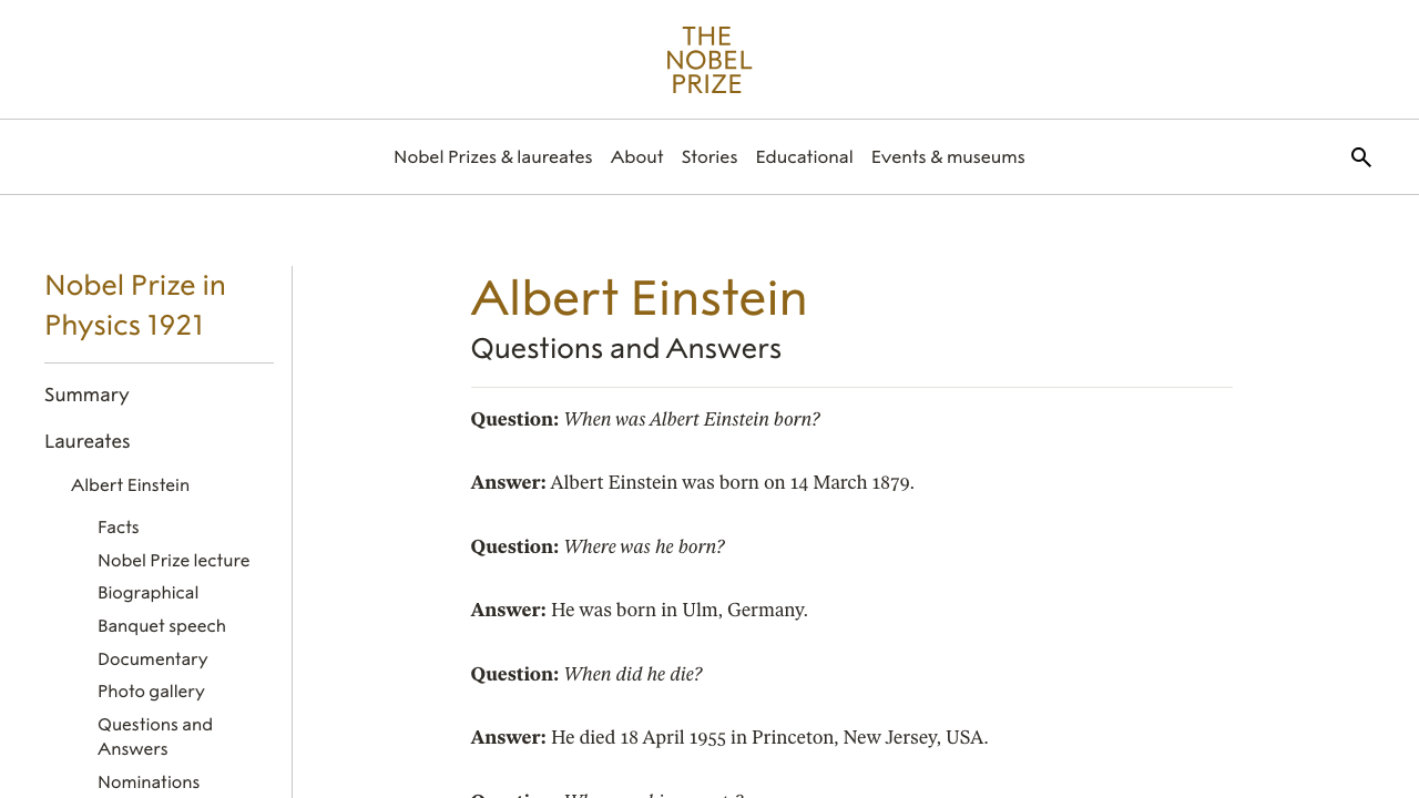 NobelPrize.org公式サイトのアインシュタインQ&A
