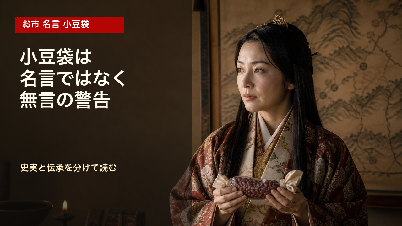 お市が両端を結んだ小豆袋を持つイメージ