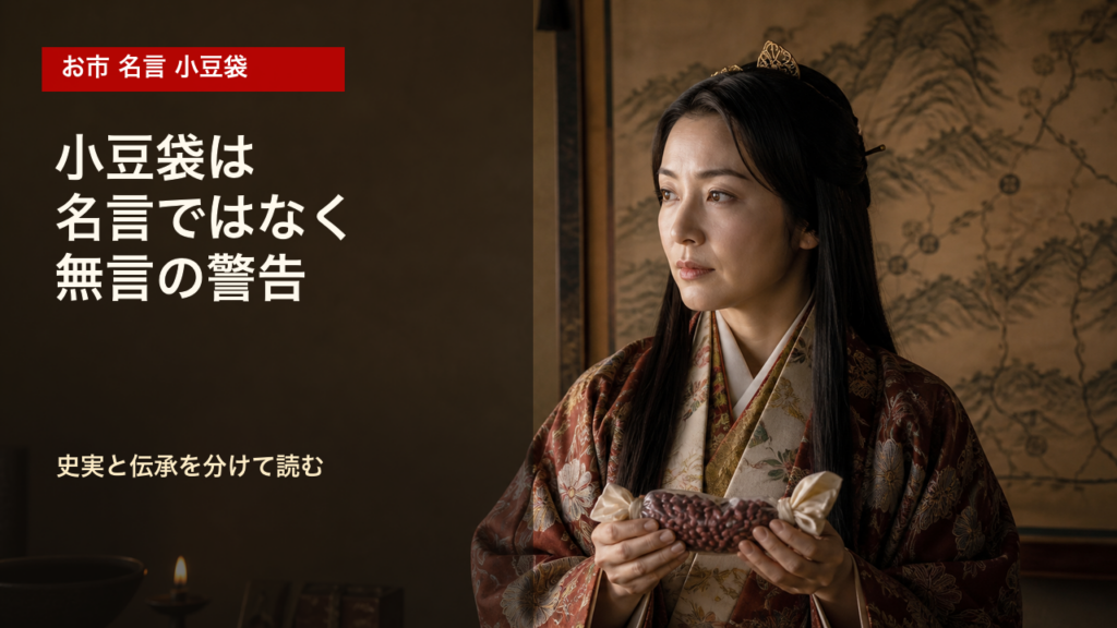 お市が小豆袋を持ち史実と伝承の違いを示すアイキャッチ