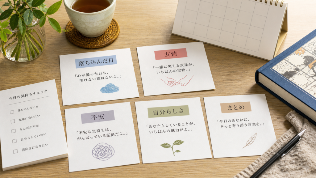 落ち込んだ日や友情など目的別に名言を選ぶイメージ画像