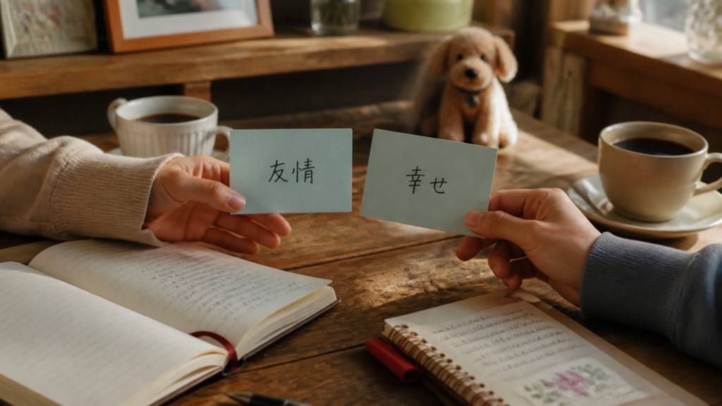 友情と幸せに響く名言カードを持つイメージ画像