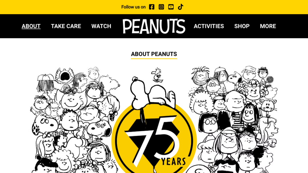 PEANUTS公式サイトのAbout Peanutsページと75周年ビジュアル