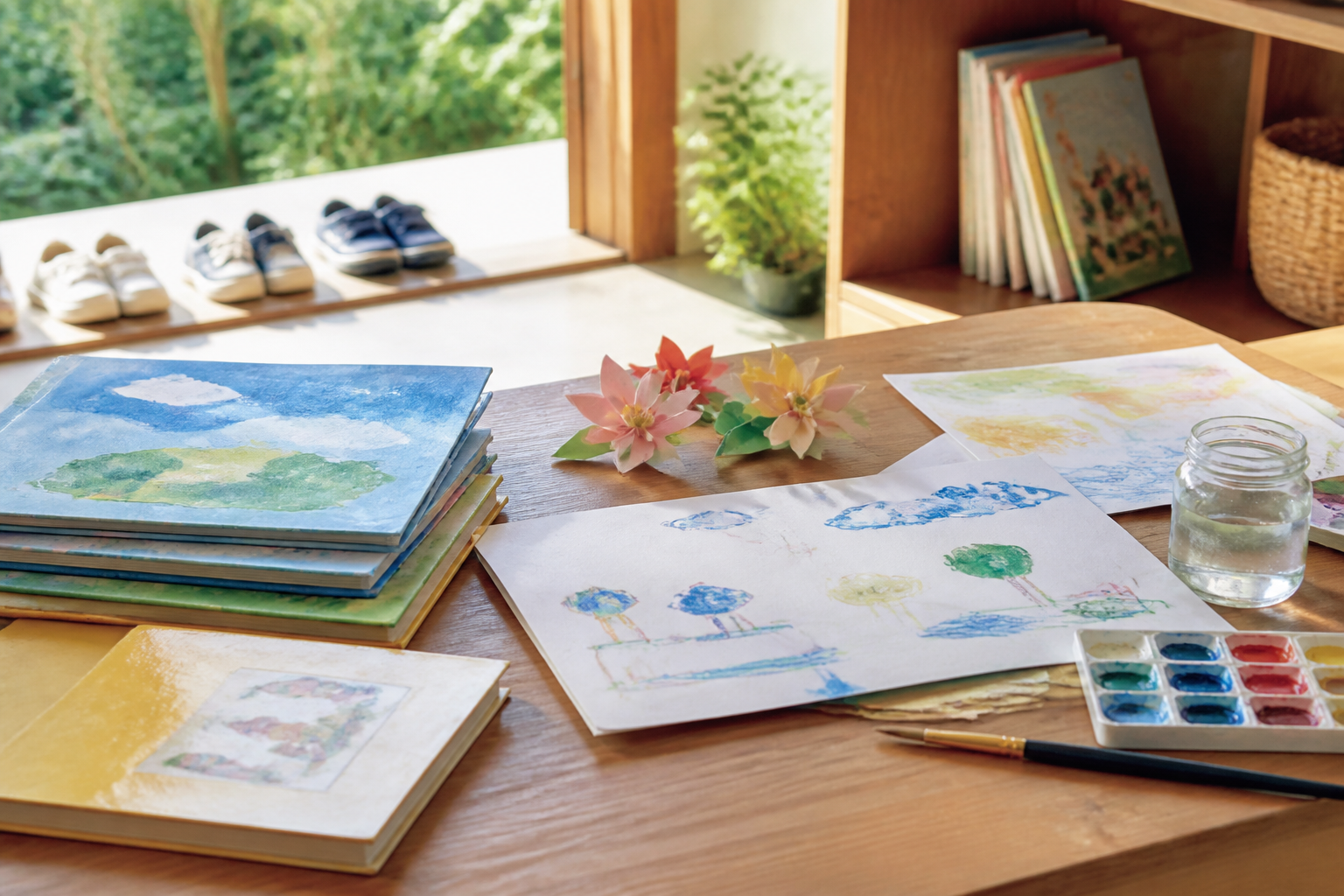 子どもと家族へのまなざしを表す絵本と画材のイメージ