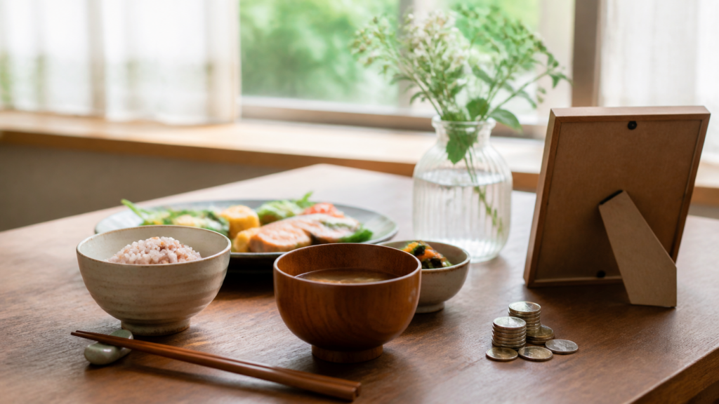 日常の食卓と小銭でお金と幸せを表したイメージ画像