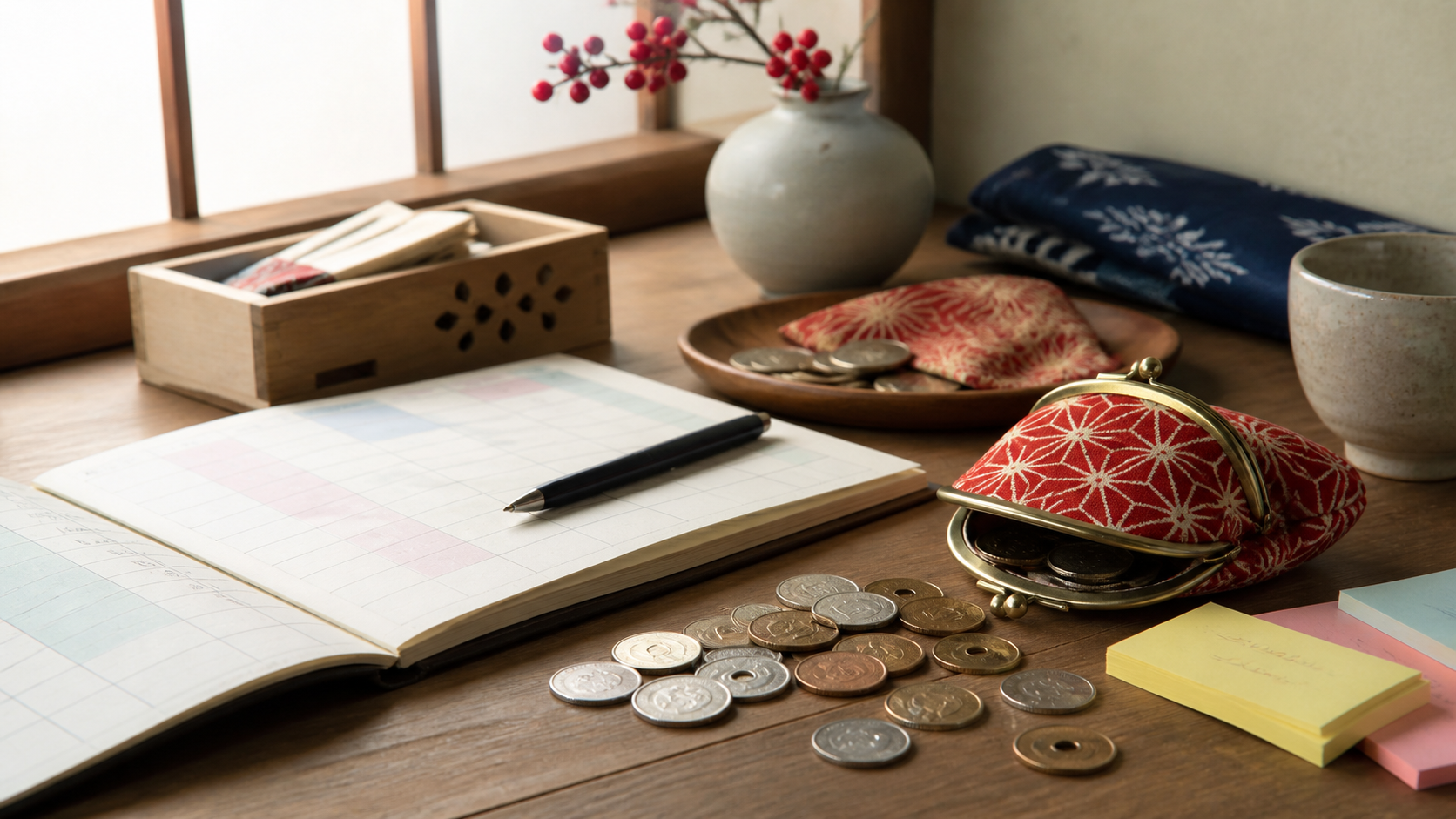 家計簿と硬貨で日本のお金のことわざを表すイメージ画像
