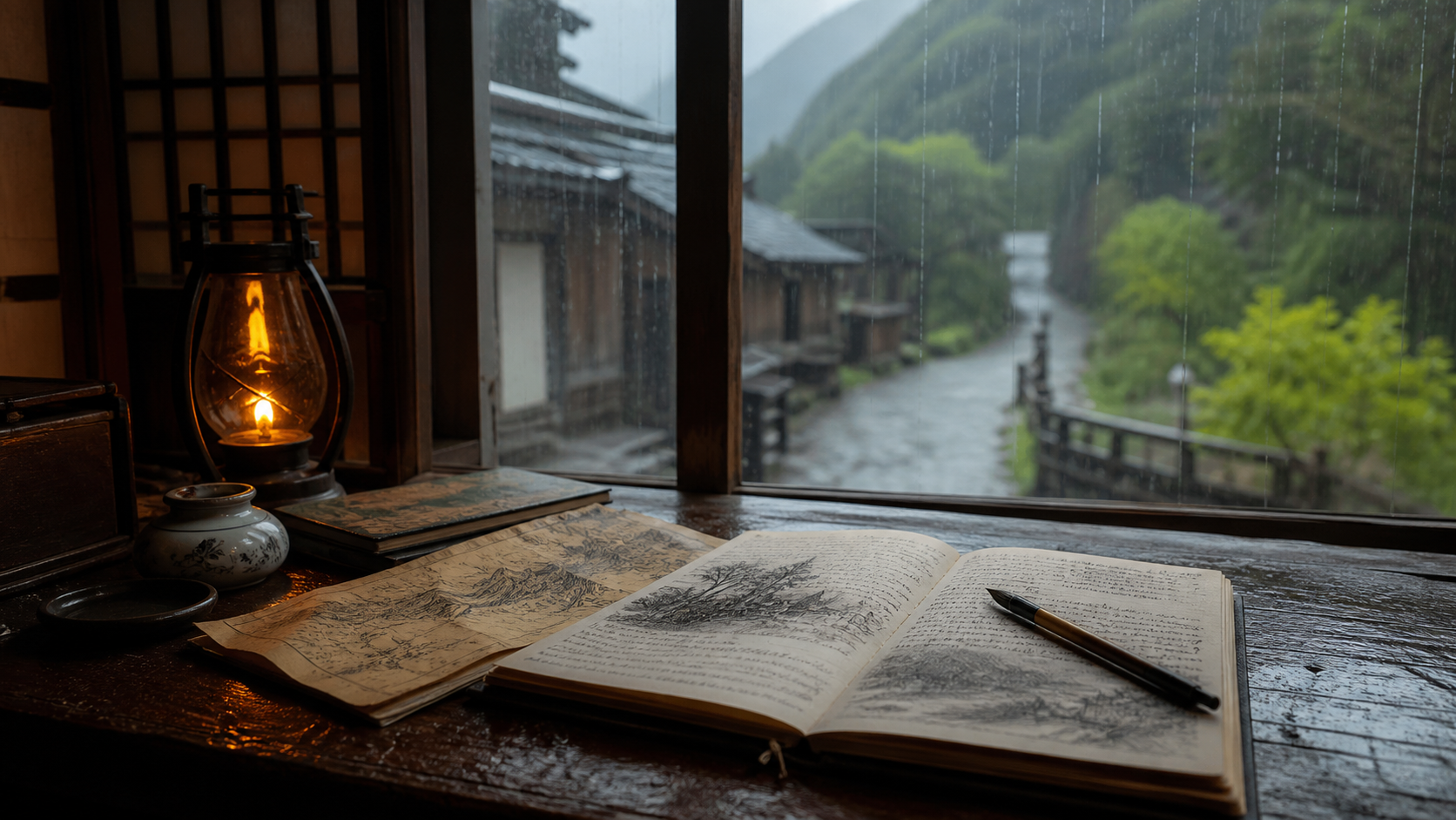 雨の宿で旅の記録を残す様子を表したイメージ画像
