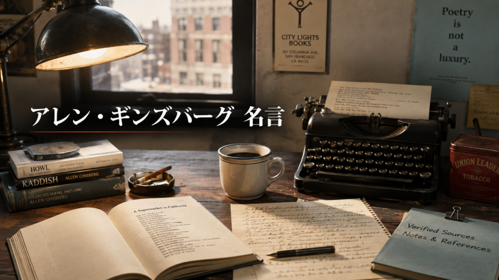 アレン・ギンズバーグの名言を調べるための詩集とタイプライターのイメージ画像