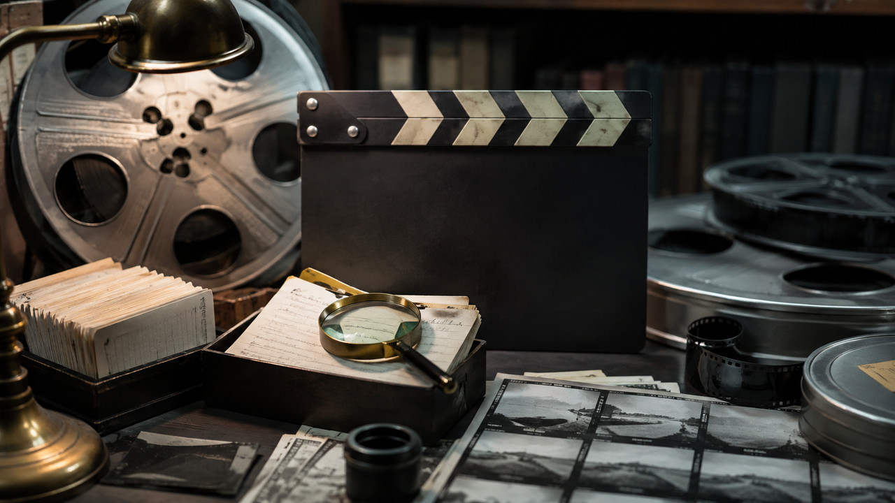 映画資料と虫眼鏡で名言の出典確認を表したイメージ画像