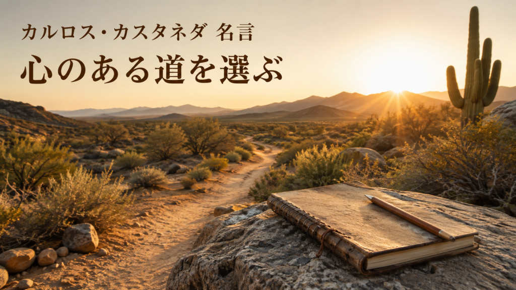 カルロス・カスタネダの名言と心のある道を表す砂漠の小道とノート