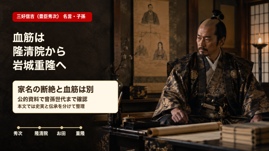 三好信吉（豊臣秀次）の名言と子孫について隆清院から岩城重隆への血筋を示すイメージ画像