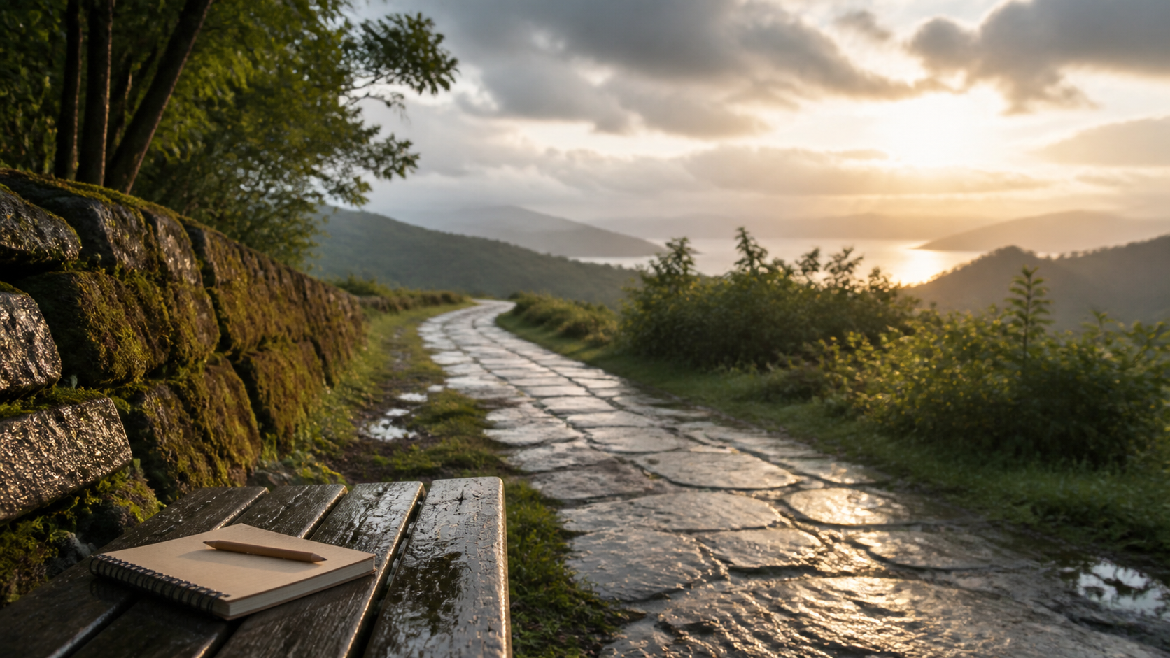 雨上がりの道とノートが次の一歩を表す風景