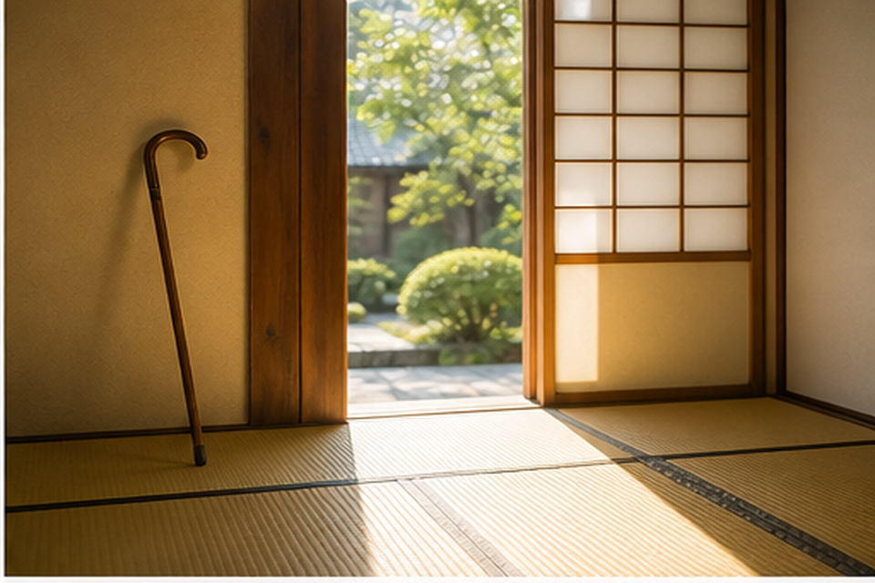 きんさんの前向きな生き方をイメージした和室と杖