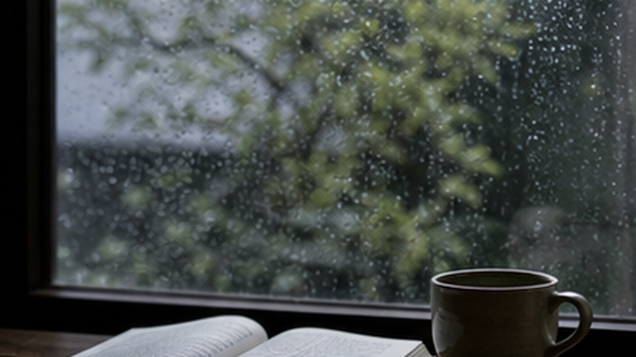 雨の窓辺と本を写した落ち込んだ時に読む短い名言のイメージ画像