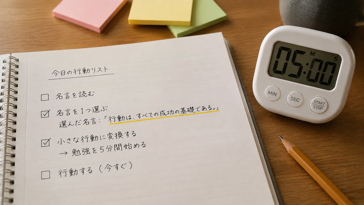 名言を一つ選び五分以内の行動へ変えるイメージ画像