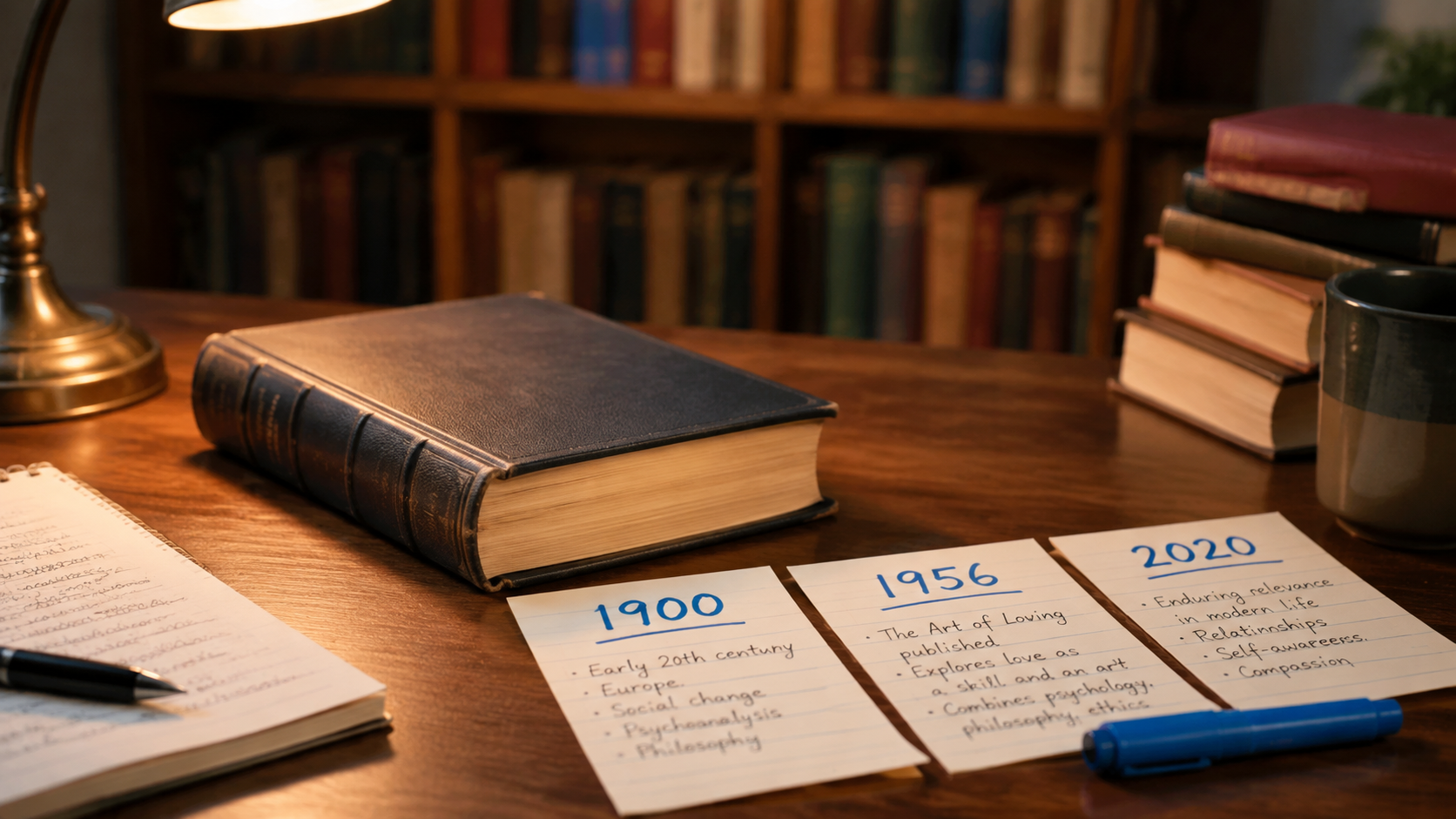 1900年、1956年、2020年のカードで著者と本の背景を整理するイメージ画像