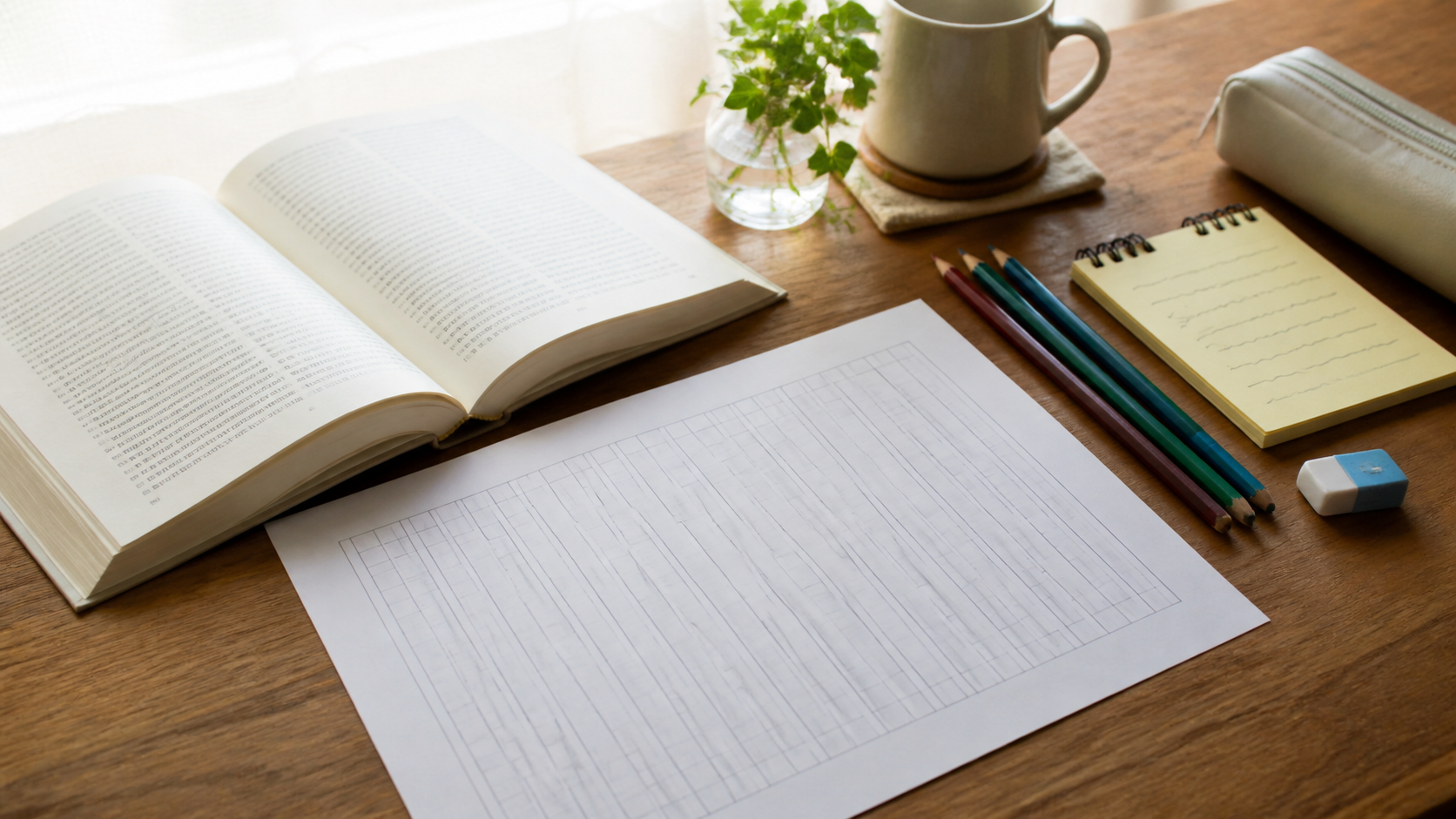 読書感想文の準備をする机と原稿用紙のイメージ画像