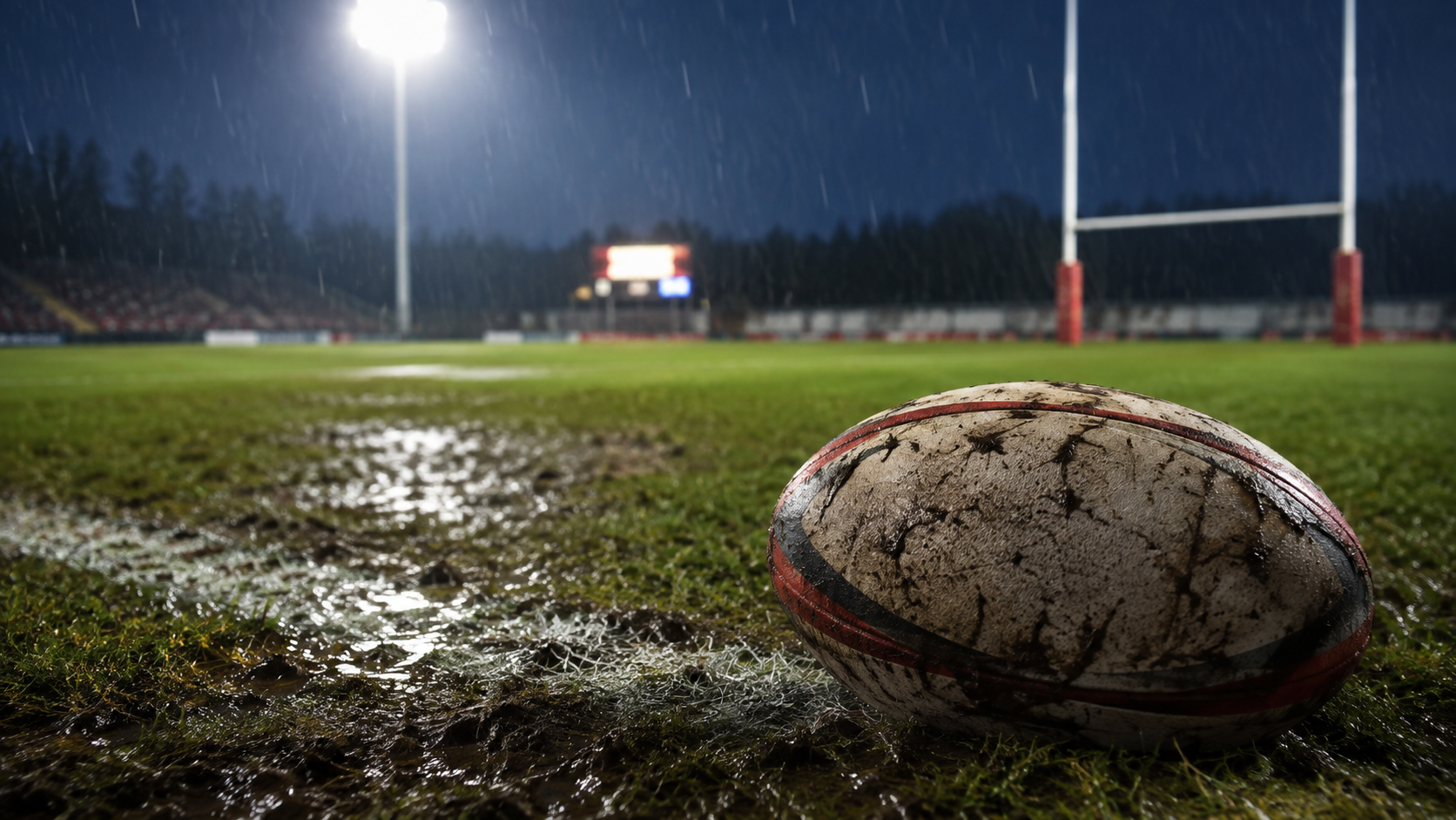 雨のラグビー場と挑戦の場面