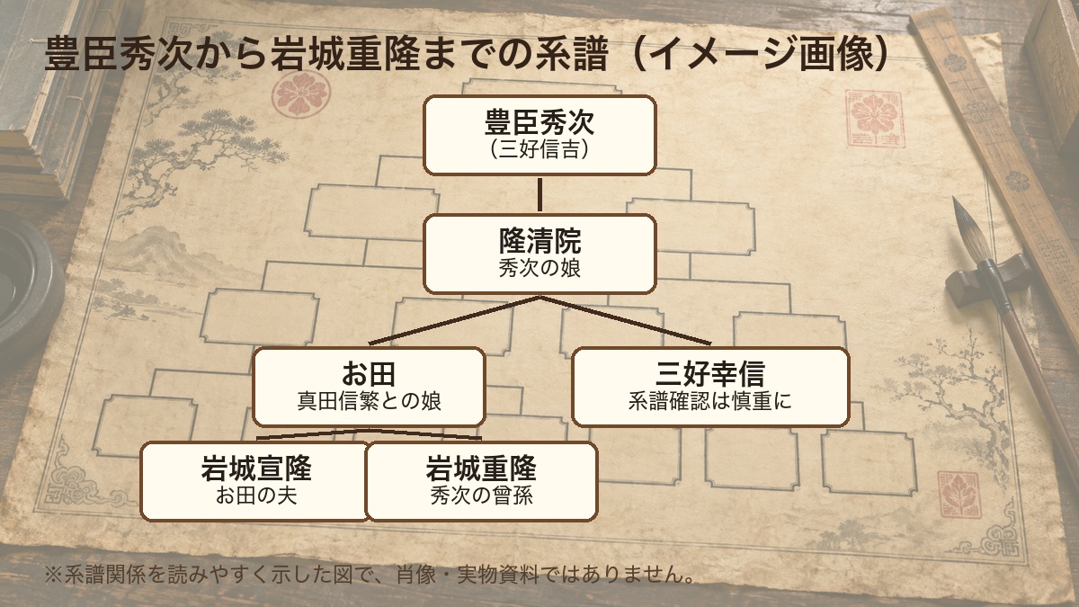 豊臣秀次から岩城重隆までの家系図イメージ画像