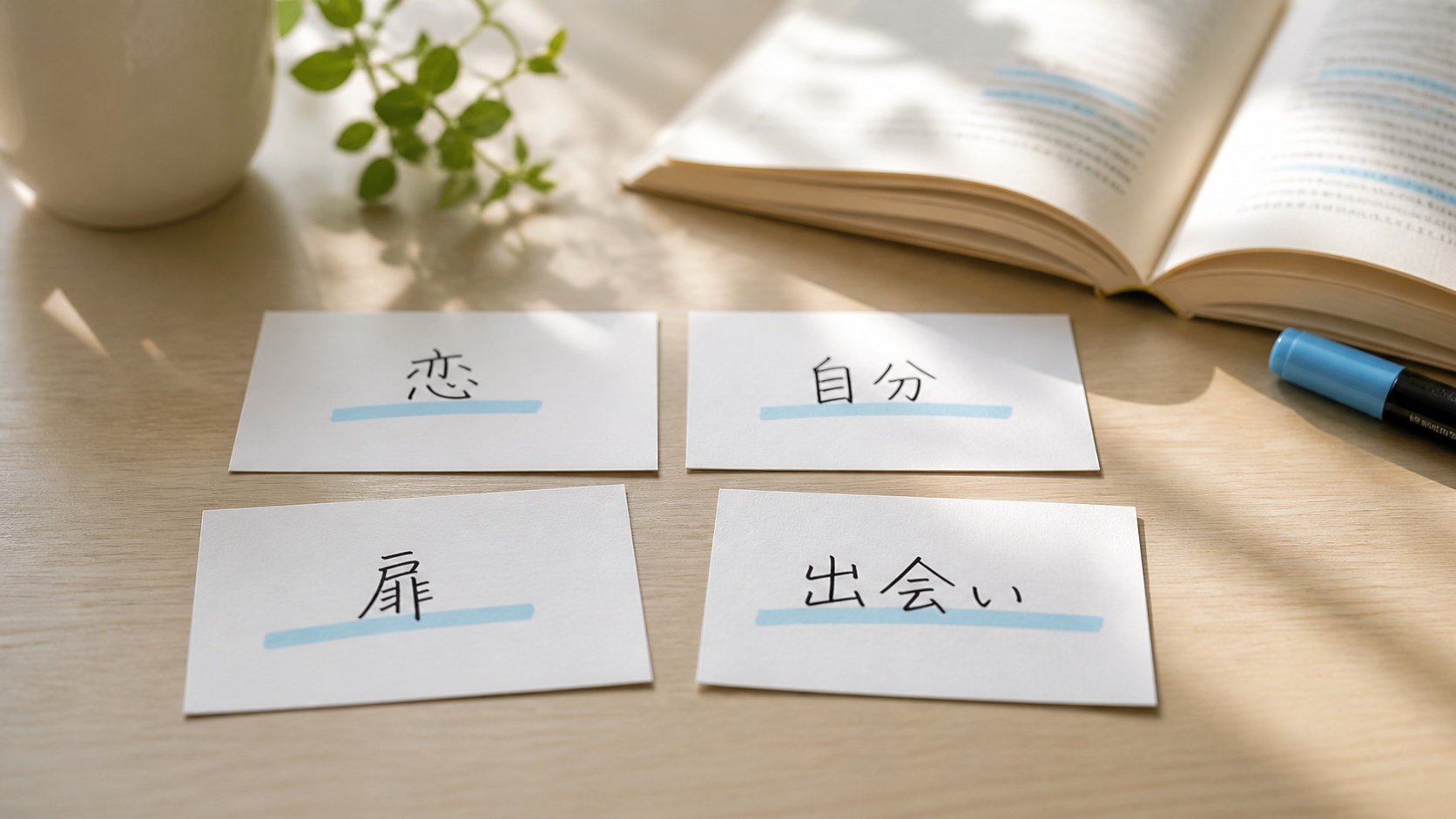 恋、自分、扉、出会いを示す4つの名言カード