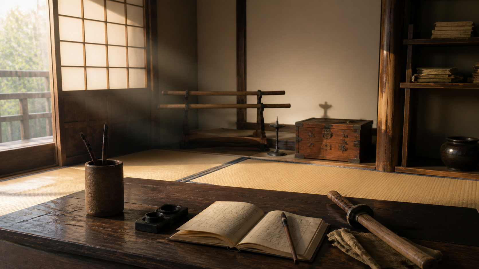 日本の古典的な名言と執着を手放す姿勢を表した和室のイメージ画像