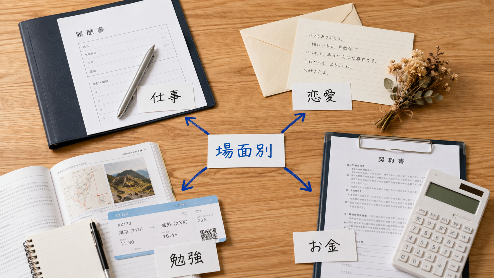 仕事恋愛勉強お金の場面別に行動の使い方を整理するイメージ画像