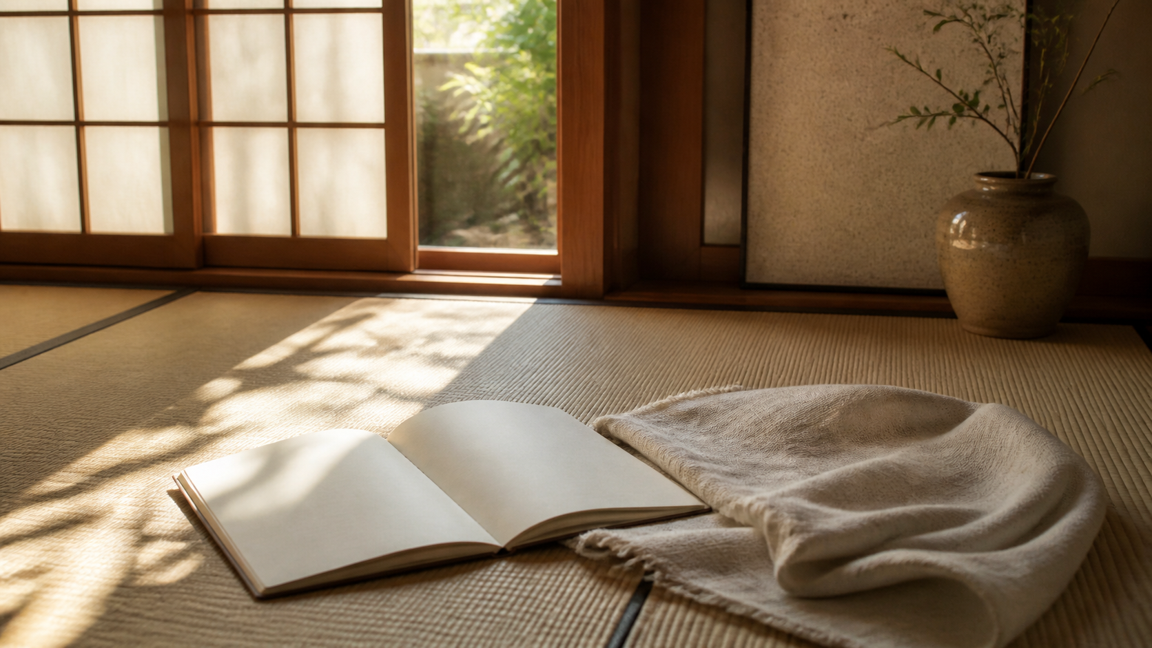 そのまんま受け止める考え方を表す和室と開いたノートのイメージ画像