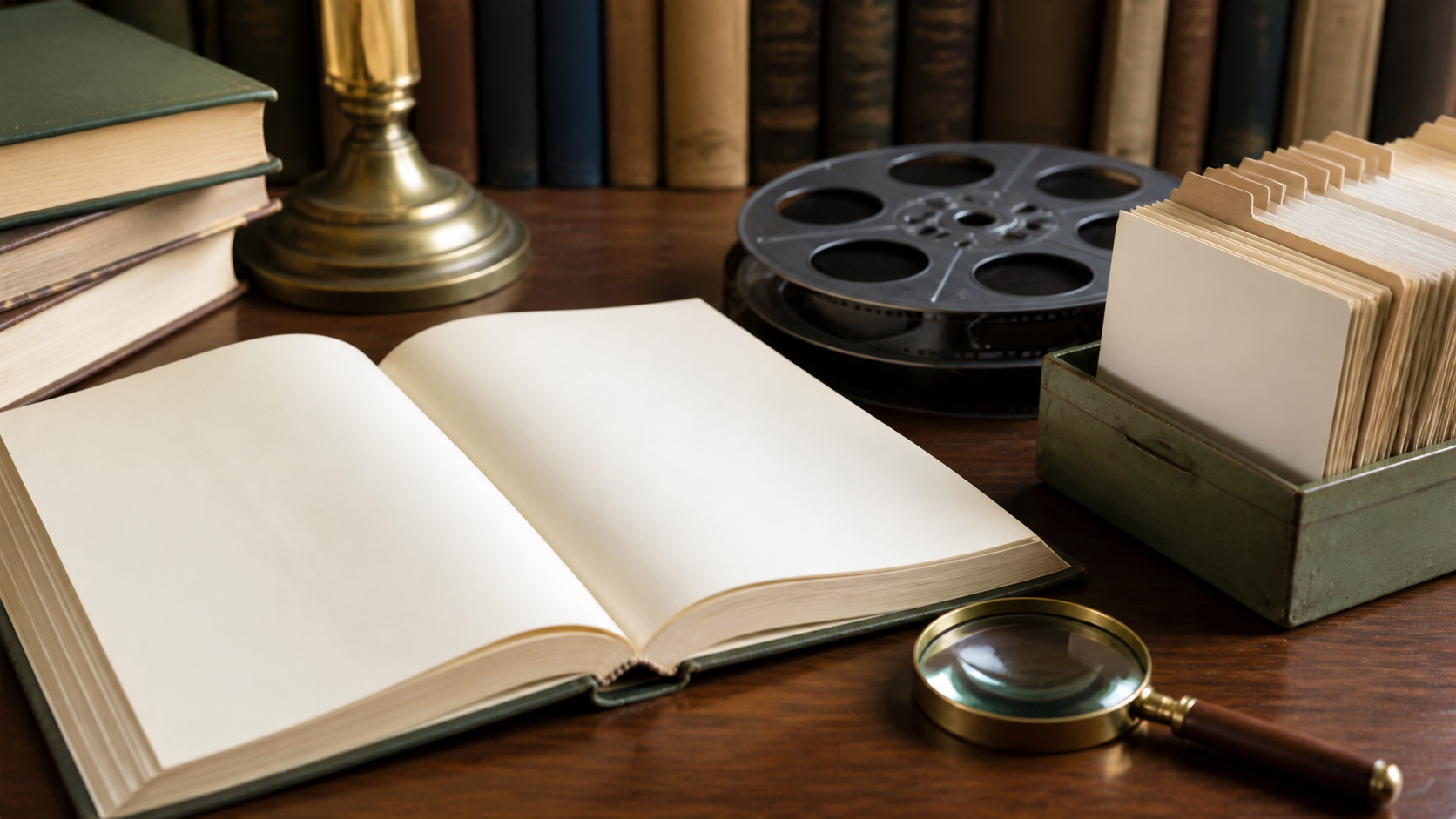 本と映画フィルムと虫眼鏡で出典を確認するイメージ画像