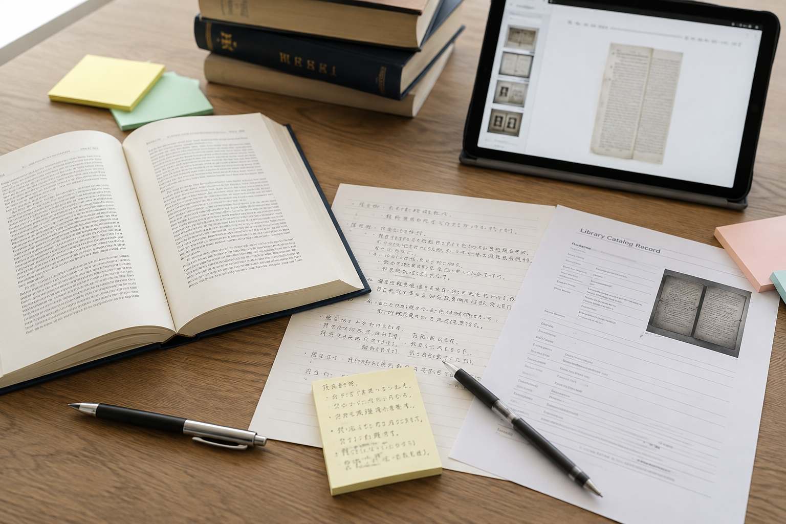 英語原文と日本語メモを照合する研究机のイメージ画像