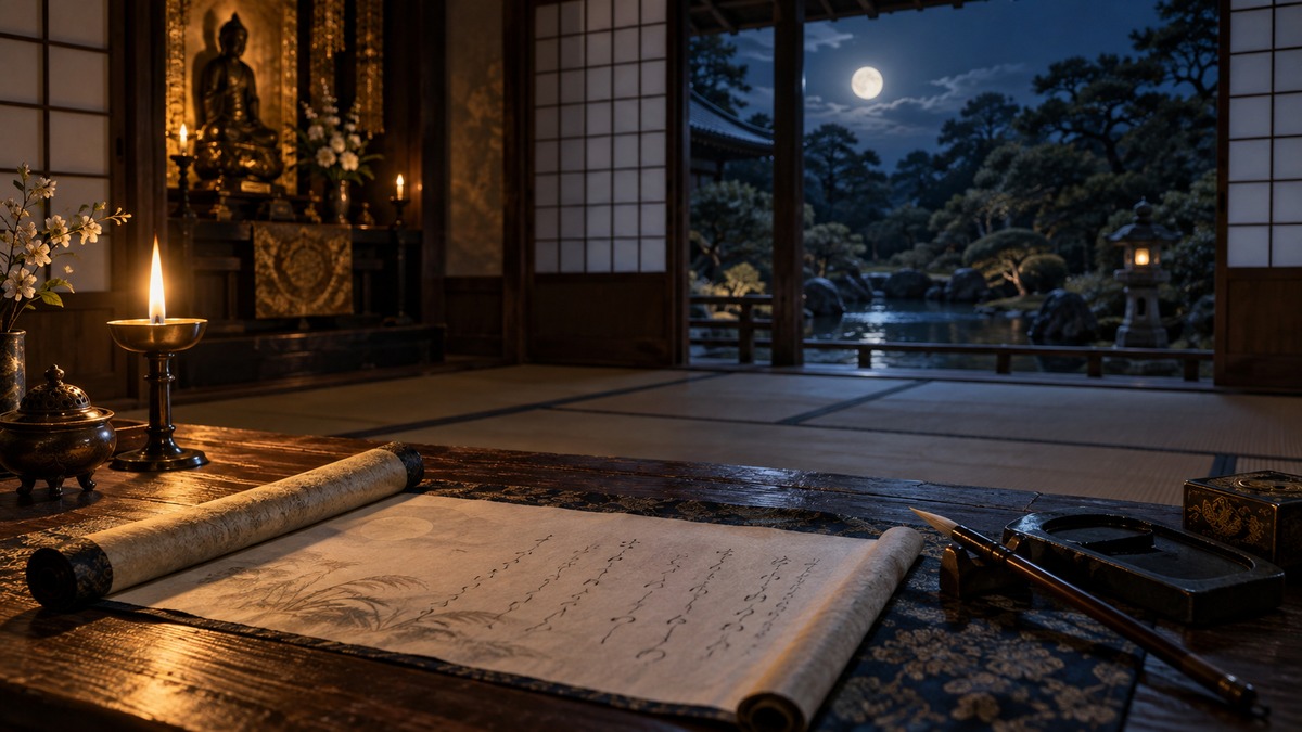 豊臣秀次の辞世和歌を連想させる巻物のイメージ画像